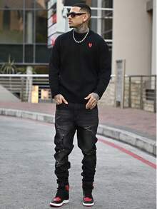 Devon Thys 休闲宽松圆领毛衣，慵懒时尚套头衫，饰有刺绣爱心图案，适合春、秋、冬穿着，男女皆宜 - 黑色 - 查看 6