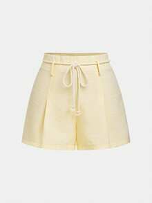 EMERY ROSE Women's Casual Linen Waist Rope Decor Discounted Detail Relaxed Vacation Spring/Summer Basic Shorts - Light Yellow - View 6