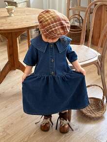 DAZY Áo thun ngắn tay cổ bẻ kiểu Hàn Quốc cho bé gái, chất liệu denim mài, dễ thương, thích hợp mặc mùa hè. - Màu xanh lam - Xem 5