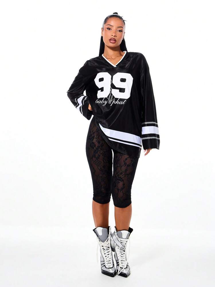 BABYPHAT Top de Manga Longa com Aplicação de Strass, Estilo de Malha com Caimento Amplo e Estampa Numérica de Estilo Universitário para Moda Casual de Rua