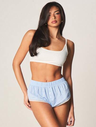 MISSGUIDED Checkered Woven Micro Boxer Boyshorts With Delicate Lace Trim Button Front Elastic Waistband Cotton Blend Everyday Comfort Underwear