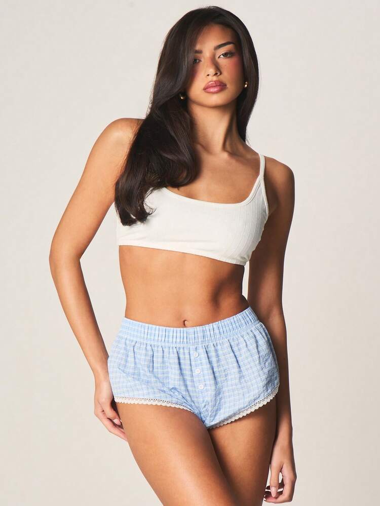 MISSGUIDED Checkered Boxer Boyshorts With Lace Trim