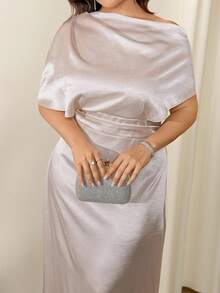 Firerie Plus Size Elegant Casual Vacation Minimalist One Shoulder Open Shoulder Ruched Satin Fabric High-End Commute Office Versatile Daily Basic Straight H-Line Women Short Sleeve Dress, Spring/Summer Satin Maxi Dress Modest Elegant Dress Plus Elegant Dress Silver Elegant Dress Curve Elegant Dress Spring Outfit Women Spring Dress For Women - Apricot - View 2