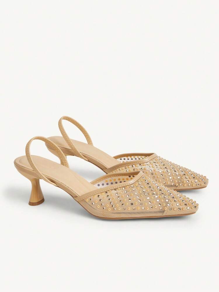 CUCCOO CHICEST Women's Almond Toe Mesh Rhinestone Decor Stiletto Heel Slip-On Pumps, Elegant Party Wear Wedding Shoes Spring Shoes Bride Shoes