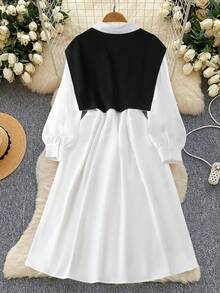 GlowEve CURVE 优雅休闲黑白撞色长袖加大码女式连衣裙 - 黑與白 - 查看 2