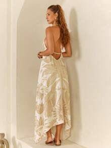 CAJUNI Tropical Print Backless Halter Neck Dress, Vacation & Casual - Yellow - View 2