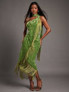 NYA SZN 女士提花流苏系腰优雅中长派对连衣裙 - 淡綠 - 查看 5