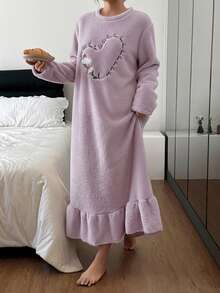 Dream Adore Heart & Daisy Embroidered Plush Ruffle Trim Casual Women Nightgown, Moo Moo Night Dress - Purple - View 2