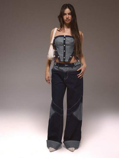 MUSERA Áo corset denim cài nút chi tiết, chỉ có ở mùa đông, kiểu dáng dễ thương, phong cách đường phố, thường ngày, kiểu phương Tây, chất liệu denim bạc màu.