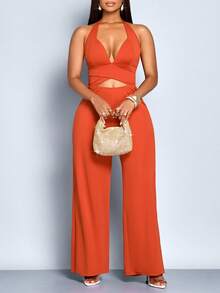 SOLERSUN Bộ jumpsuit nữ thanh lịch màu trơn, cổ khoét sâu, lưng hở với họa tiết đan chéo. - Rỉ Nâu - Xem 5