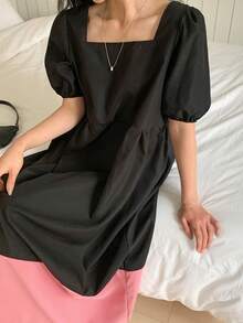 DAZY Women's Square Neck Black Patchwork Contrast Color Loose Mid-Length Dress Summer Sundress - Black - View 6