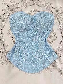 Franclia Women's Floral Embroidery Bandeau Top, Suitable For Beach/Resort Wear, Summer - Baby Blue - View 4