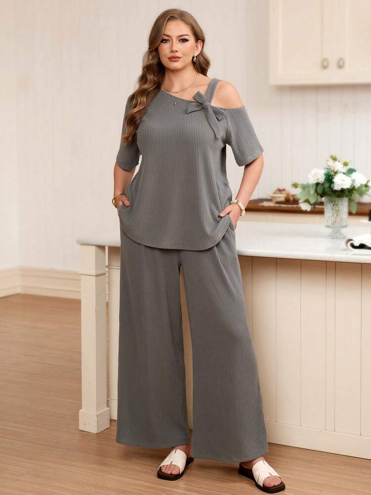 Plus Size Women 2 Pieces Set - Solid Color Asymmetrical Shoulder Bow Blouse And Wide Leg Pants Plus Size Pants Set Lounge Sets Plus Size Women Plus Clothing Sets Top And Pants Set For Women Blouse And Pants Set, Summer Outfits