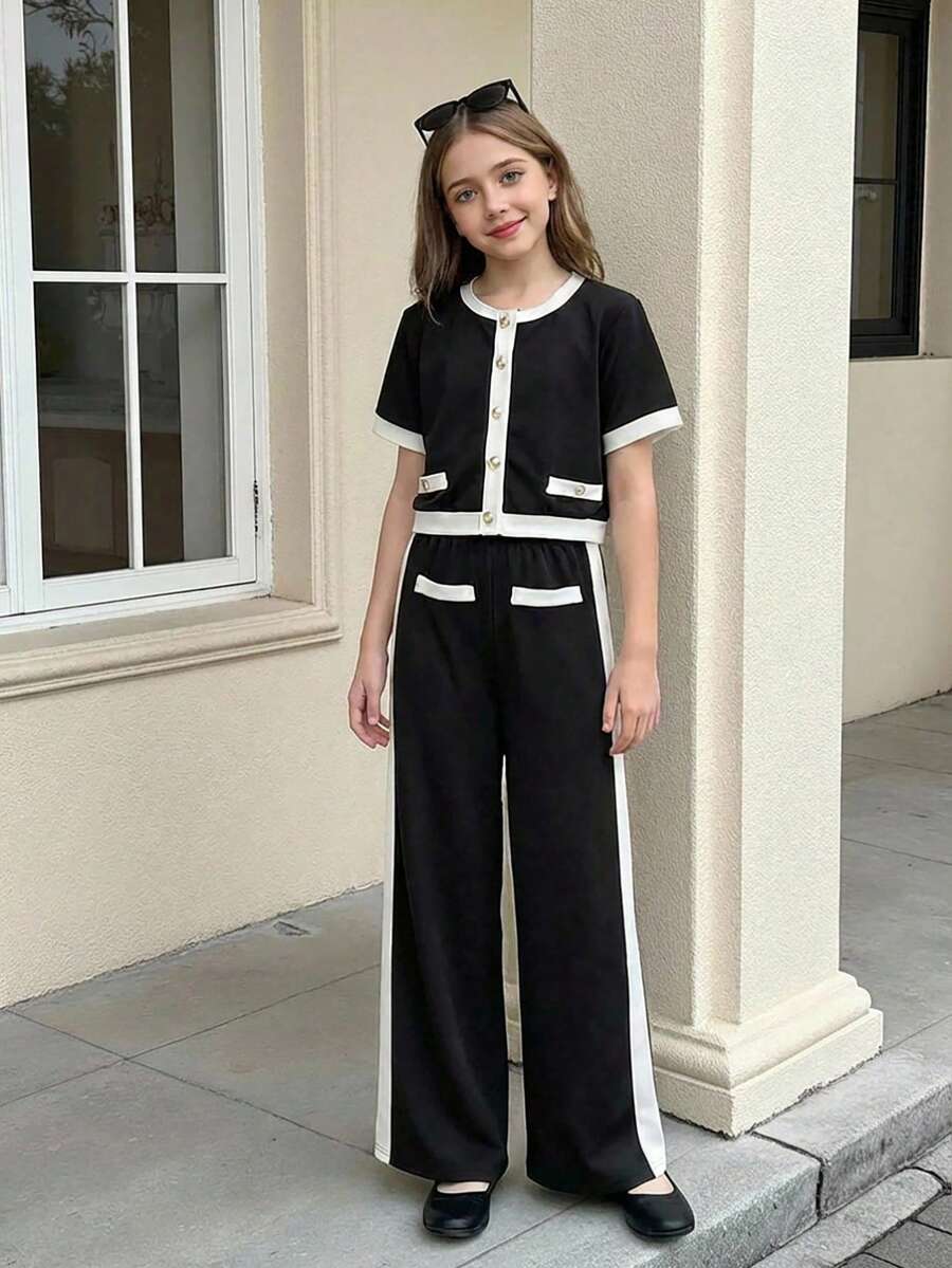 SHEIN 少女撞色滚边圆领短袖T恤和裤子优雅套装 - 黑色 - 查看 1