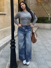 Dazy Plus 休闲通勤浅蓝色印花宽松直筒长款牛仔裤，四季皆宜 - 淺色水洗藍 - 查看 7