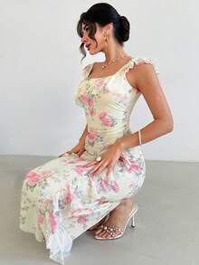 Firerie Women's Elegant Romantic Date Party Wedding Guest Dress, Women Elegant Long Floral Print Dress With Square Neck And Ruffle Details Perfect For Summer,Pink Asymmetric Ruffle Shoulder Long Sleeve Pleated Design Slim Fit Ruffle Hem Dress ,Summer Dress - Pink - View 8