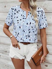 SHEIN LUNE Women's Casual Notch Collar Short Sleeve Printed Shirt, Summer - Blue - View 1