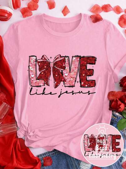 EMERY ROSE Camiseta casual de talla grande con estampado de "Amar como Jesús" y lazo de amor