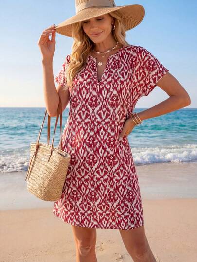 Sylviya Blue & White Vacation Print Batwing Sleeve Mini Dress For Women Summer Dresses For Women