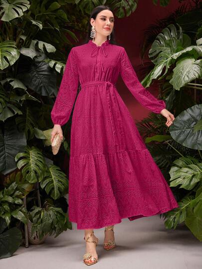 Mulvari Women's Solid Color Hollow Design Cinched Waist Midi Dress, Suitable For Daily Wear