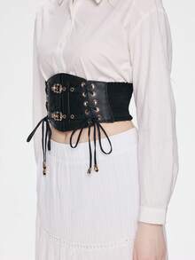 ROMWE Goth 1件装女士黑色蕾丝链条骷髅交叉系带装饰弹力腰带哥特风连衣裙配饰万圣节 - 黑色金配件 - 查看 4