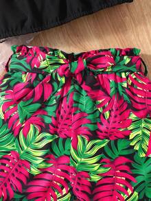 Sparklyn 2pcs Tween Girls Orange Off-Shoulder Crop Top & Tropical Leaf Print Shorts Set, Spring/Summer Holiday - Black - View 6