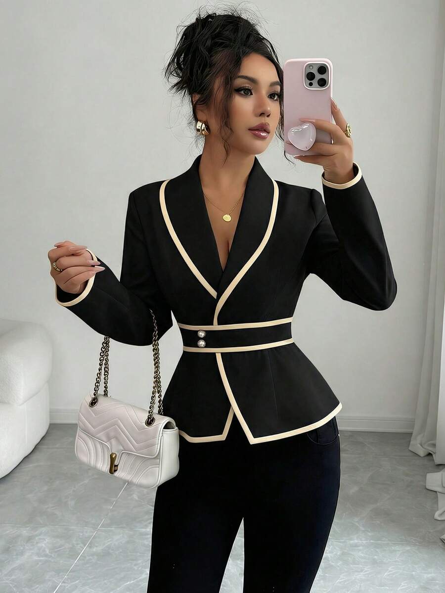 Rafferiza Camisa elegante de oficina para mujer con cuello de chal y mangas largas - Negro - Ver 1