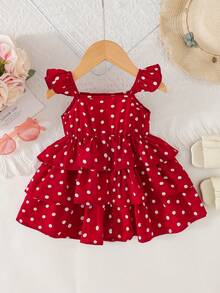 Cozy Pixies 女婴/幼儿甜美可爱红色波点吊带荷叶边层叠蛋糕裙，夏季 - 紅色 - 查看 2
