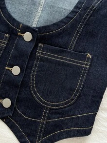 Elamini Áo vest denim không tay ôm sát, cài cúc phía trước, thời trang nữ - Màu xanh lam - Xem 6