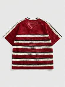 ROMWE MEN Men's Embroidered Knit Sweater, Retro Sporty V-Neck Contrast Color Loose Knit T-Shirt - Red - View 3