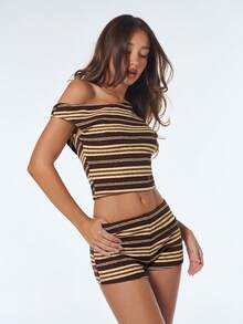 Sweetina 女士条纹不对称肩部露脐上衣和短裤两件套 - 彩色 - 查看 6