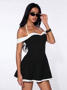 SHEIN ICON Women's Contrast Color Off-Shoulder Halter Neck Fashionable Mini Dress - Black and White - View 4