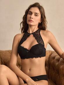 Charlaine 1pc Black Lace Underwire Bra For Women - Black - View 3