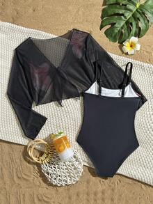 1件女童黑色底粉色百合花连体泳衣+短款网纱罩衫 - 彩色 - 查看 4