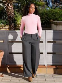 Yess Loren 女式高腰直筒褶皱长裤 - 深灰色 - 查看 5