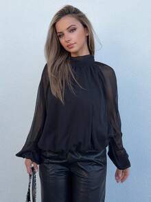 Jeta Ari 女士休闲纯色立领灯笼袖宽松衬衫，秋季 - 黑色 - 查看 1