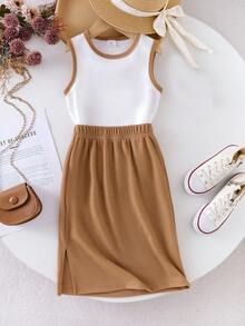 2pcs/Set Young Girls Ivory Ribbed Knit Tank Top And Khaki Skirt, Children Casual Minimalist Daily Outfit, Summer - White - View 1