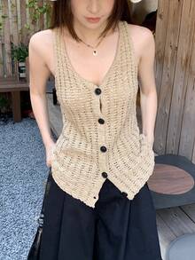 DAZY 女士手工针织吊带宽松度假风V领修身镂空开衫毛衣 - 杏色 - 查看 2