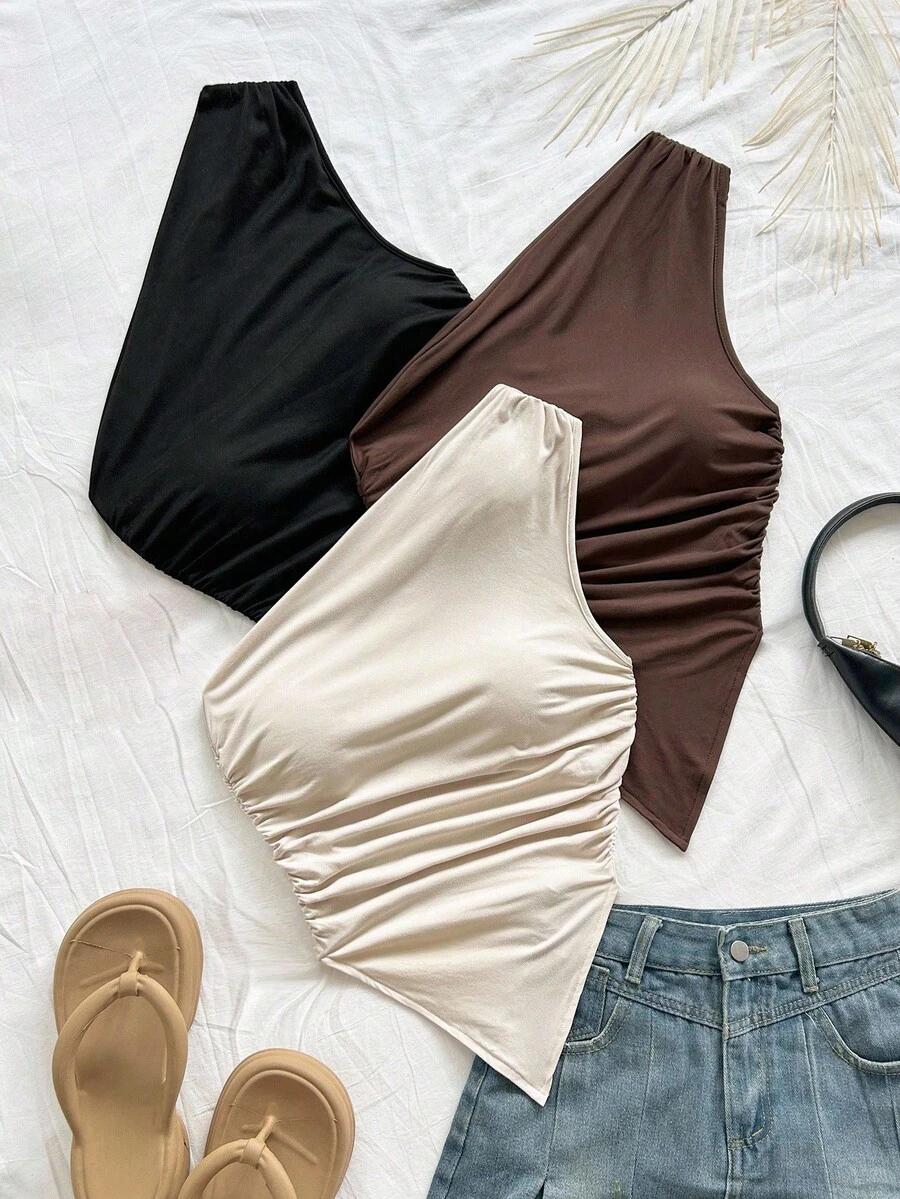 SHEIN Camiseta de tirantes asimétrica informal para niñas preadolescentes, diseño de hombro asimétrico cómodo y ajustado - Multicolor - Ver 1