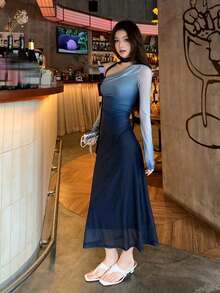 Women's Oblique Shoulder Flounce Long Sleeve Cinched Waist Gradient Elastic Bodycon Dress - Blue - View 7