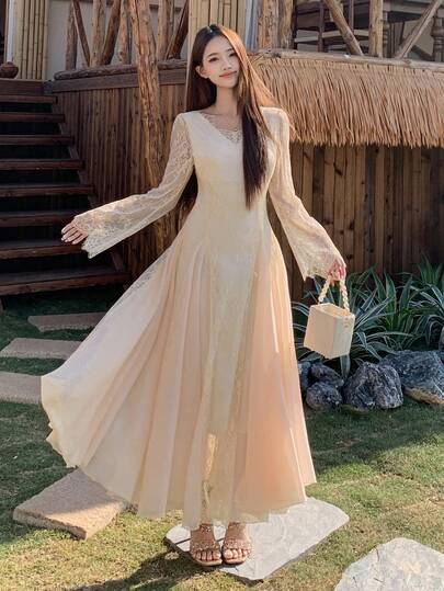 DAZY 女士刺绣蕾丝网纱中长连衣裙，优雅独特，正式场合礼服