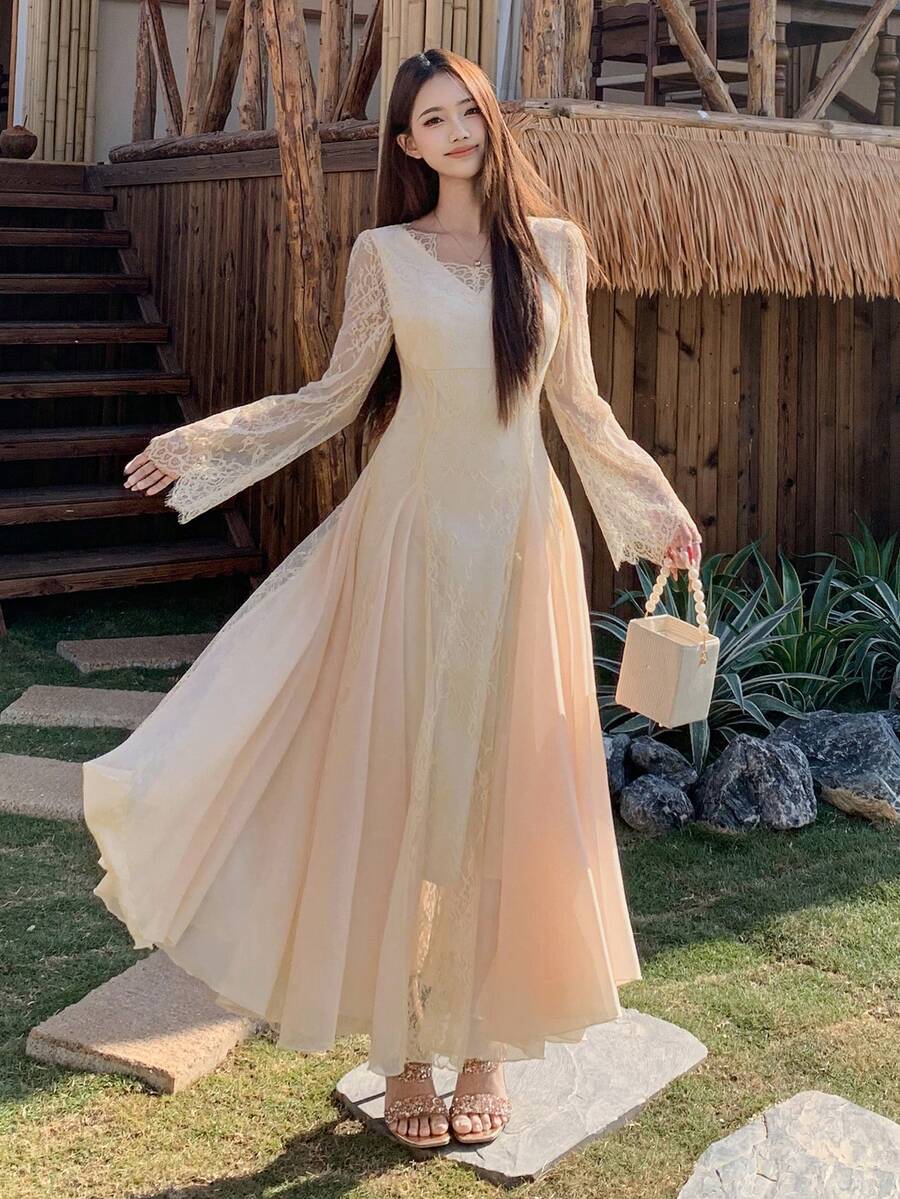 DAZY 女士刺绣蕾丝网纱中长连衣裙，优雅独特，正式场合礼服/吊带裙 - 杏色 - 查看 1