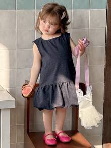 DAZY Vestido de mezclilla sin mangas con cuello redondo y volantes, estilo coreano para niñas pequeñas - Azul - Ver 7