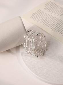 Enchnt 1 件新款时尚 5 排多层水晶珍珠扭纹袖口手链，适合女士和女孩的新娘婚礼礼物 - 銀色 - 查看 4