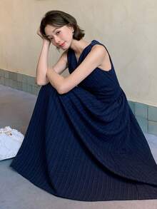 DAZY Đầm xòe cổ bèo dành cho nữ, đầm không tay thanh lịch với cổ bèo tôn dáng. - Màu xanh lam - Xem 5