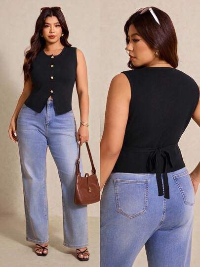 Elaquor Plus Size Women Solid Color Casual Tie Front Camisole, Autumn/Winter Spring Outfit Women Spring Camisole For Women