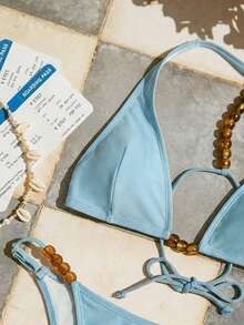 Swim Vcay Women's Elegant Halter Neck Backless Tie Waist Pearl Decor Swimwear Set - Blue - View 1
