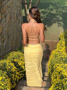 MainGRL 's Pale Yellow Summer Casual Vacation Holiday Outfit,Textured Knit Backless Halter Top And Mid-Waisted A-Line Skirt Set For Women,Elegant - Light Yellow - View 2