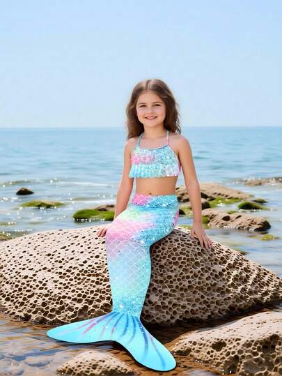 SHEIN Young Girls Bikini Sets Girls' (Small) Swimsuit Set Playful/Cute Multi-Color Mermaid Fish Scale Print, Fish-Tail Targeted Knitted Fabric Top Shoulder Strap Lace + Targeted Fish-Tail Three-Piece Set, Shoulder Strap Lace Top + Targeted Fish-Tail Fashionable, Casual, Exquisite And Elegant Lady Suitable For Swimming, Suitable For Summer Vacation, Summer Beach, Seaside Swimming Pool, Swimming Pool, Summer Party, Leisure Vacation Girl Mermaid Swimwear Mermaid Clothes Girls Beach Clothes Kids Young Girls Sets Long Pants Swim Wear For 9year Old Girls