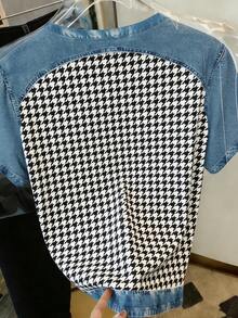 Resyla 女士千鸟格印花拼接圆领短袖T恤 - 彩色 - 查看 2